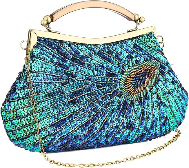 Gelory Bolsos de mano de pavo real para mujer, bolso de mano de lentejuelas vintage para regalo, bolso de noche de cristal de jade