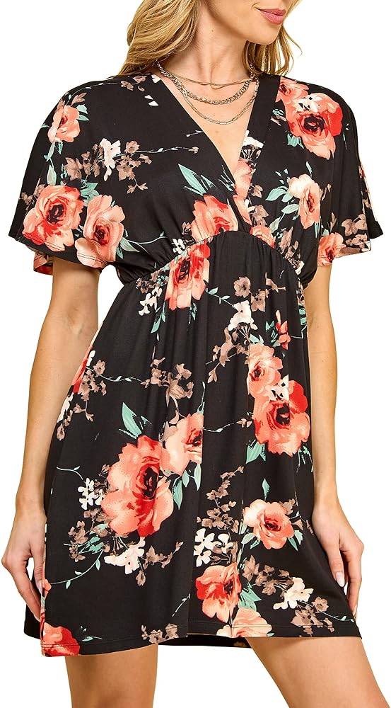 Lock and Love Womens Short Sleeve Kimono Style Deep V neck Casual Summer Dress S-3XL Plus Size