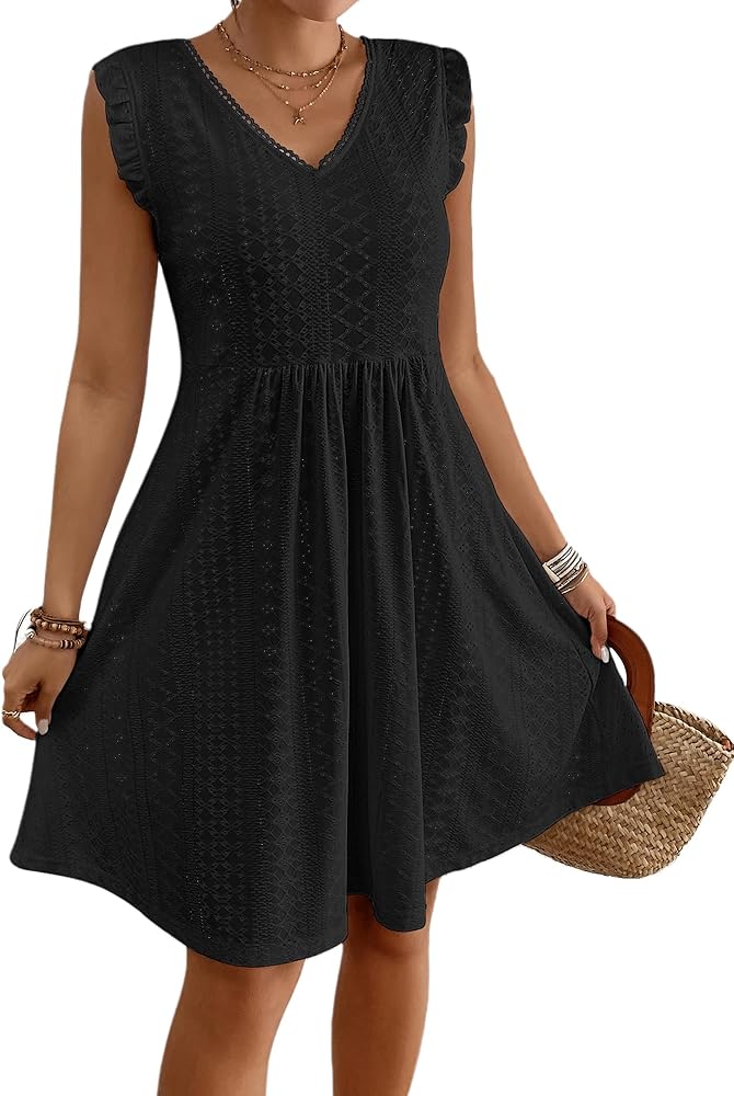 Bsubseach Women Crochet Swimsuit Cover Up Cap Ruffle Sleeve Hollow Out Dress V Neck Summer Beach Casual Babydoll Dress 2024