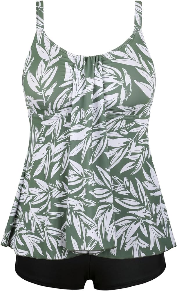 Septangle Women Plus Size Bathing Suits Leaf Print Flyaway Two Piece Swimsuit Tankini Swimwear