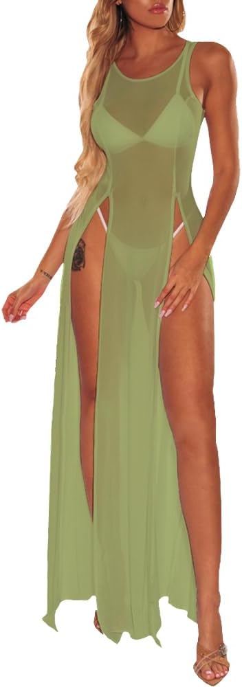 FairBeauty Women's Sexy Mesh Sheer Swimsuit Cover Ups Long Beach See Through Dress