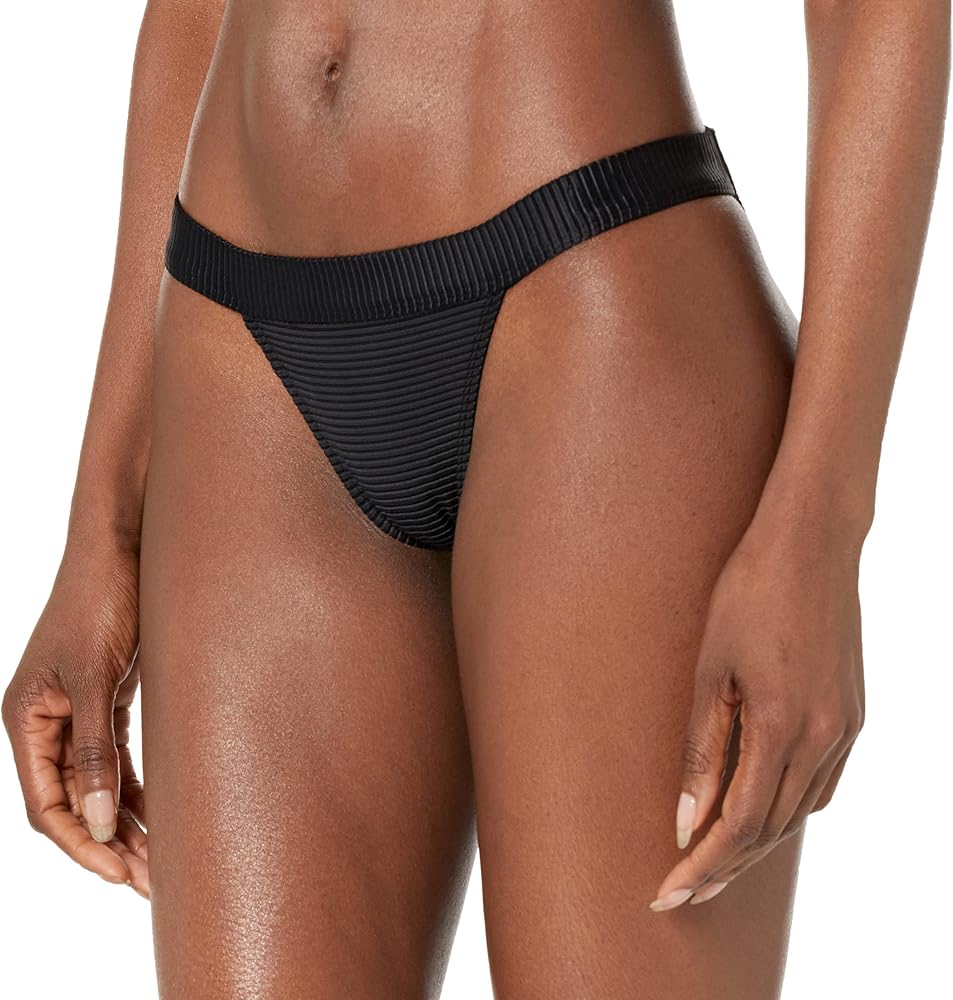 HUGO Womens Square Logo Ribbed Mid-rise Bikini Bottoms, Solid Black, X-Small US