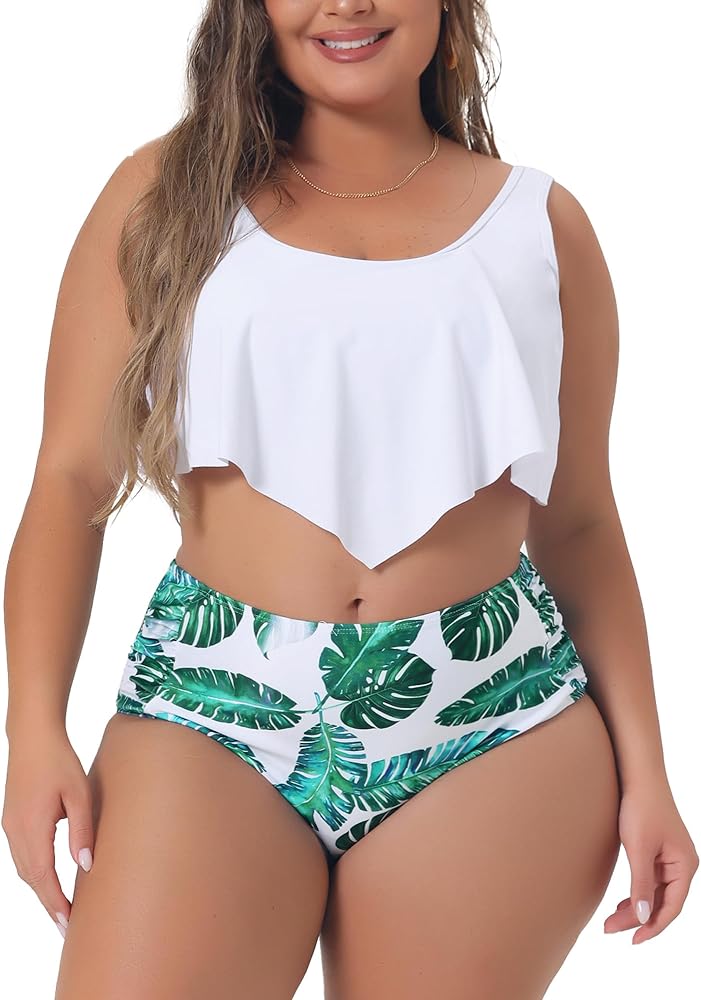 Agnes Orinda Plus Size Bikini Swimsuit for Women V Neck Floral Ruffles Tank Top Tankini 2 Piece Bathing Suits