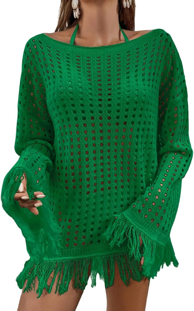 MakeMeChic Women's Crochet Swimsuit Cover Up Long Sleeve Knitted Fringe Swim Beach Cover Up Swimwear