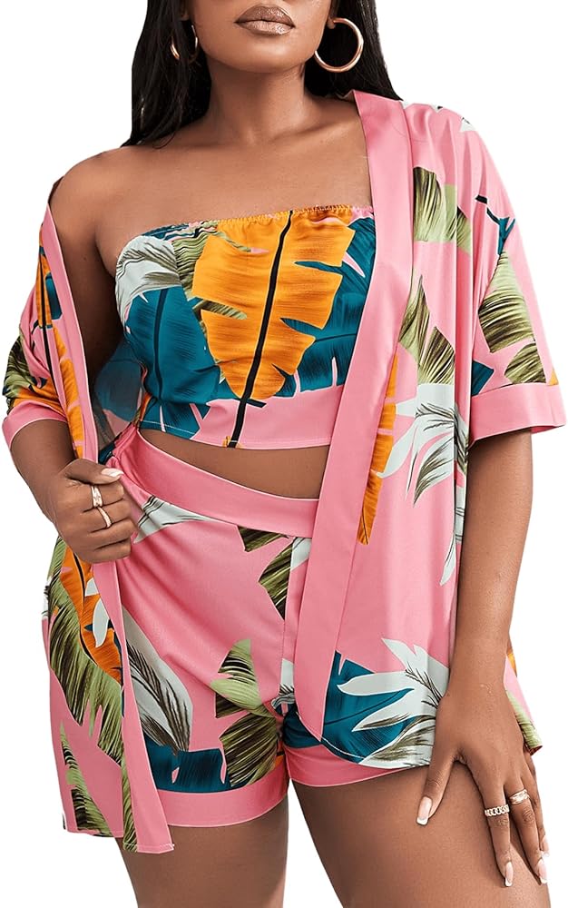 Floerns Women's Plus Size 3 Piece Bandeau Tube Top with Shorts Set Kimono Cardigan