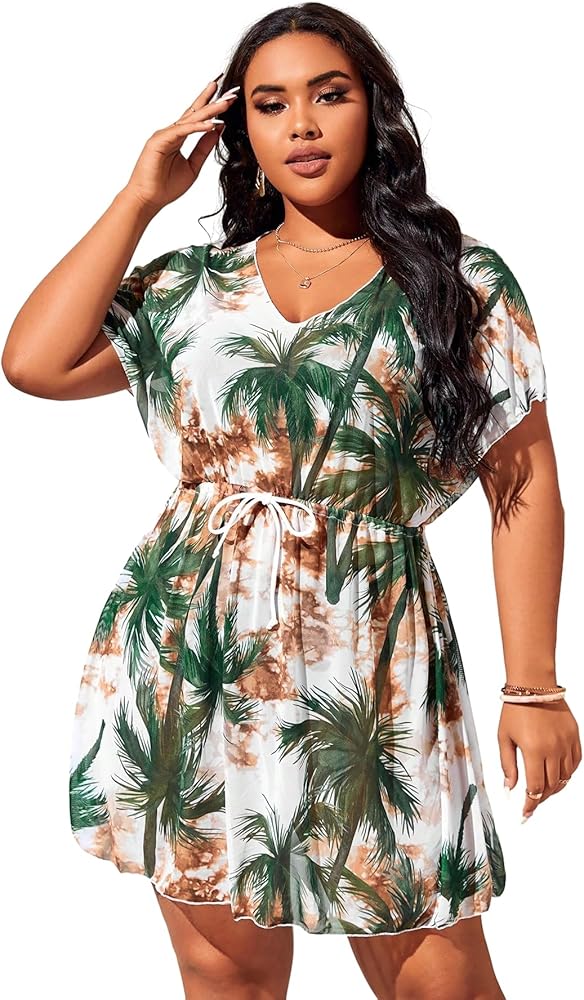 SOLY HUX Women's Plus Size V Neck Cover Up Dress Summer Coverups Flowy Short Sleeve Mini Beach Dress