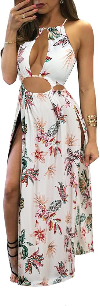 BIUBIU Women's Sexy Boho Floral Halter Summer Maxi Dress Beach Party Split Cover Up Swimsuit Outfit 2024 (Floral apricot,L)