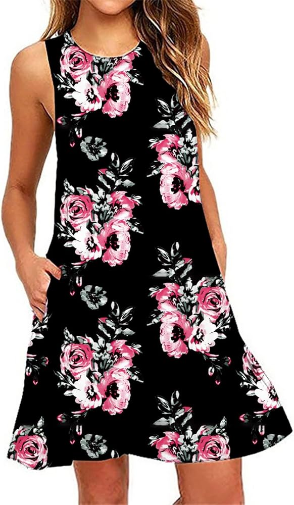 Women's Sleeveless Beach Dress Backless Camisole Mini Tank Skirt with Pockets Casual Sleeveless Dress (A-Pink, L)