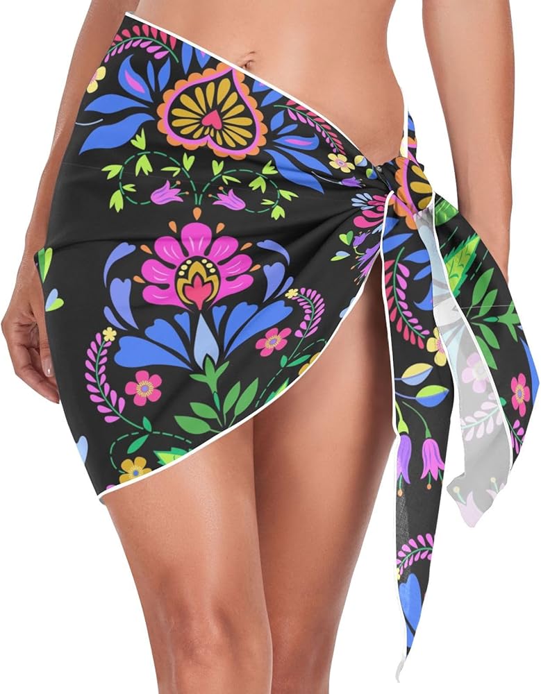 ALAZA Folk Floral Pattern Mexican Women's Short Sarongs Beach Bikini Wraps Cover Ups