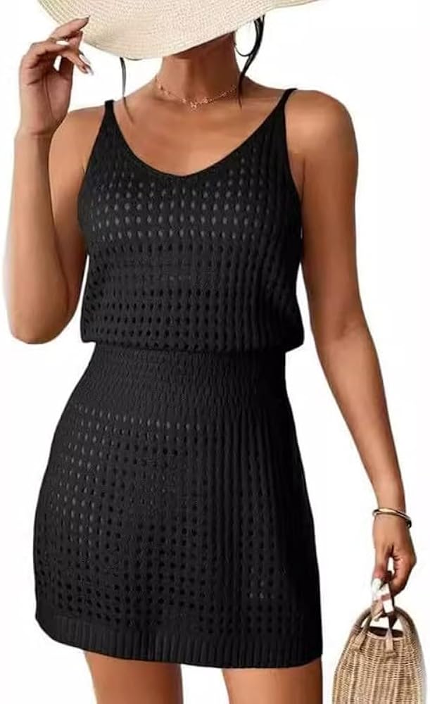 Women's Swimwear Cover Up Crochet Mini Dress V Neck Beachwear Sleeveless Summer Sundress Sexy Tank Dresses