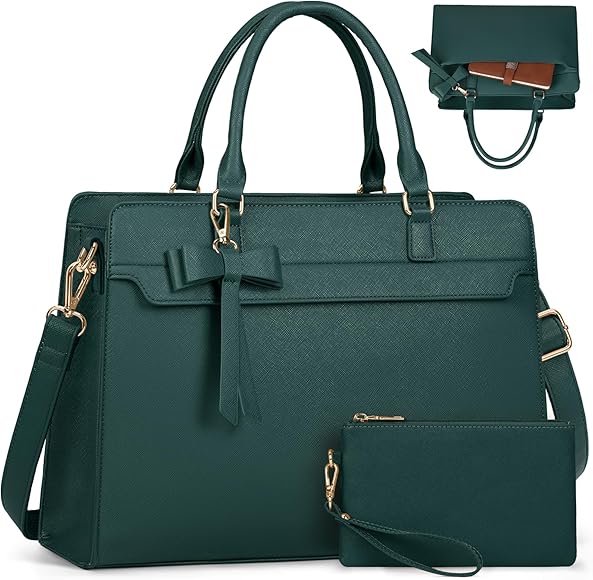 RAINSMORE Bolso Mujer Grande Bolso Universidad Mujer Cuero PU Bolso Shopper Mujer Impermeable Bolso Portatil Ordenador Mujer 15.6 Pulgadas Bolso Tote 2 Piezas para Oficina Trabajo Verde