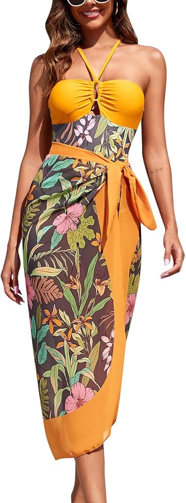 IDOPIP Women's One Piece Swimsuit with Beach Cover up Wrap Skirt Sarong Retro Floral Print Bikini Set Two Piece Bathing Suits