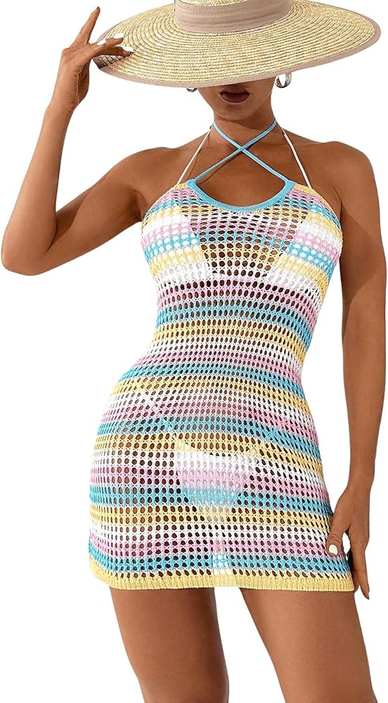 GORGLITTER Women's Women's Crochet Dress Sleeveless Swimsuit Coverup Colorblock Bikini Swimwear