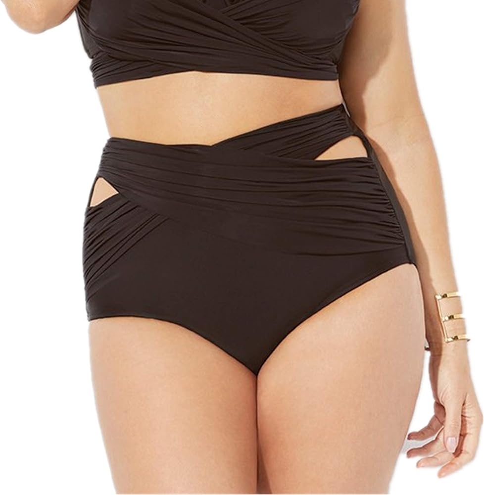 Black High Waisted Twist Ruched Bikini Bottoms Retro Full Coverage Tankini Briefs for Women