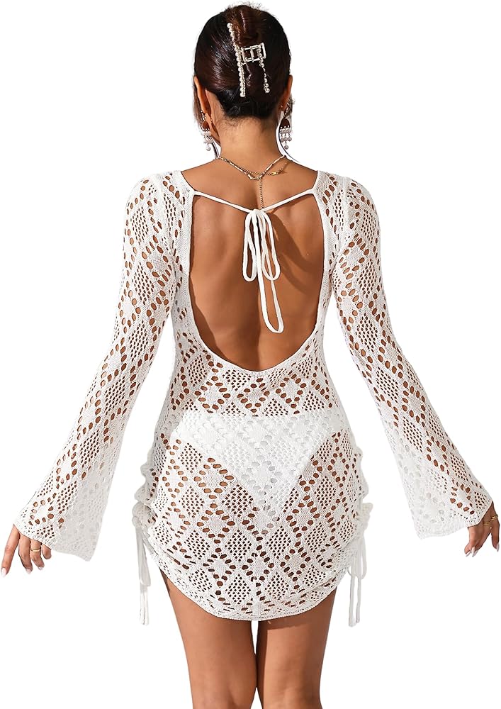 Womens Casual Summer Boho Beach Cover Up Crochet Floral Boat Neck Backless Tie Bell Sleeve Side Drawstring Mini Dress 2024