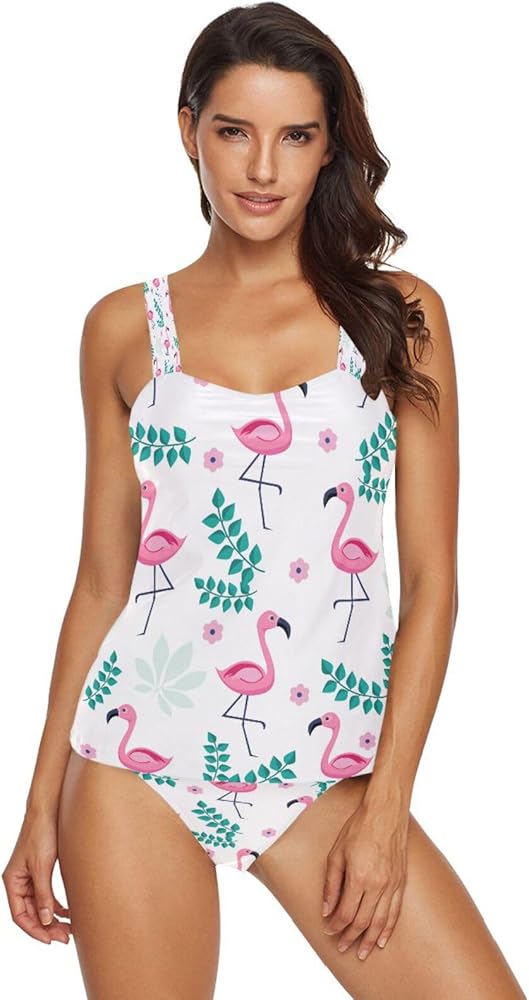 Pink Flamingo 2 Piece Women Tankini Swimsuit Tummy Control Sport Bathing Suit with Bikini Bottom