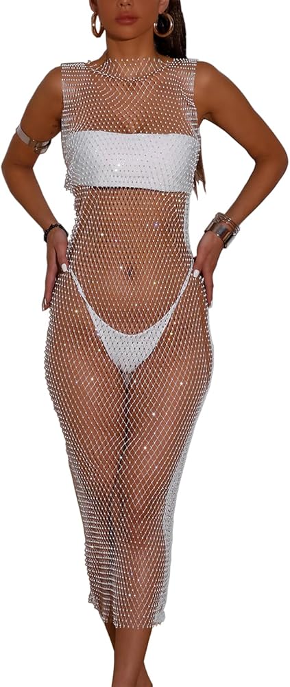 Women Mesh Rhinestone See Through Dress Sexy Bikini Swimsuits Sleeveless Cover Up Sparkly Fishnet Beach Cover Ups