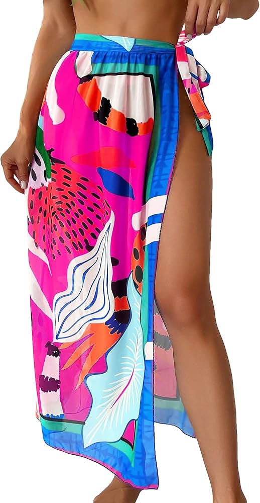 WDIRARA Women's Swimwear Printed High Waist Split Knot Side Cover Up Skirt