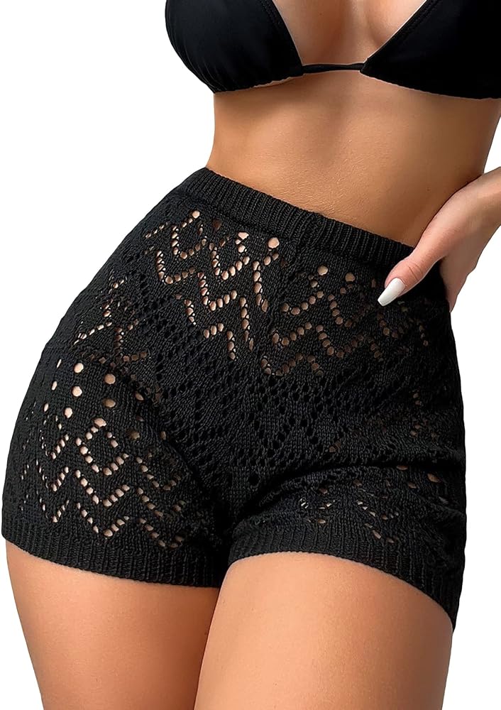 Verdusa Women's Hollow Out Crochet Swimsuit Knit Cover Up Shorts