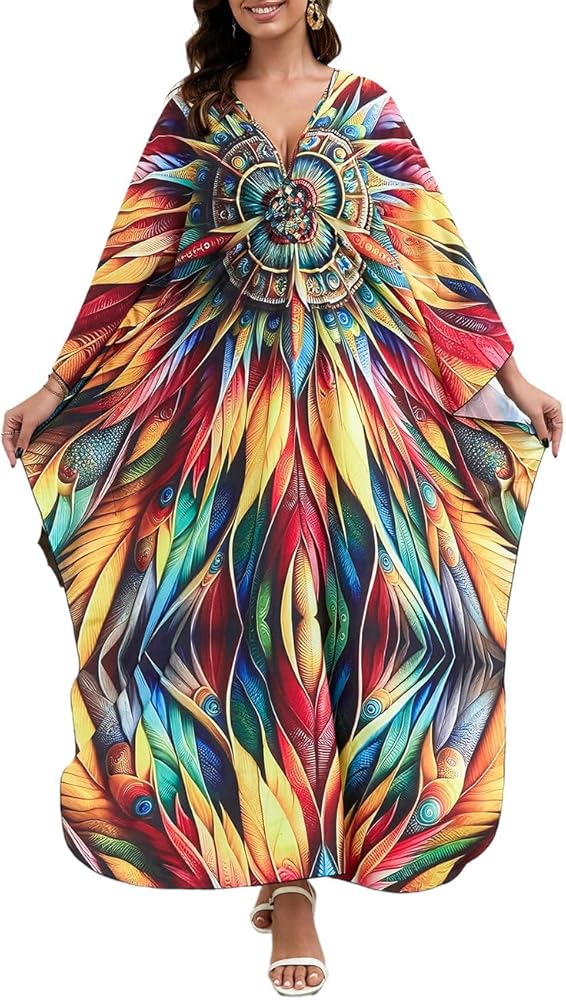 Bsubseach Plus Size Kaftans for Women Long Bathing Suit Cover Up Swimwear Caftan Dress Vacation Outfits Sunflower