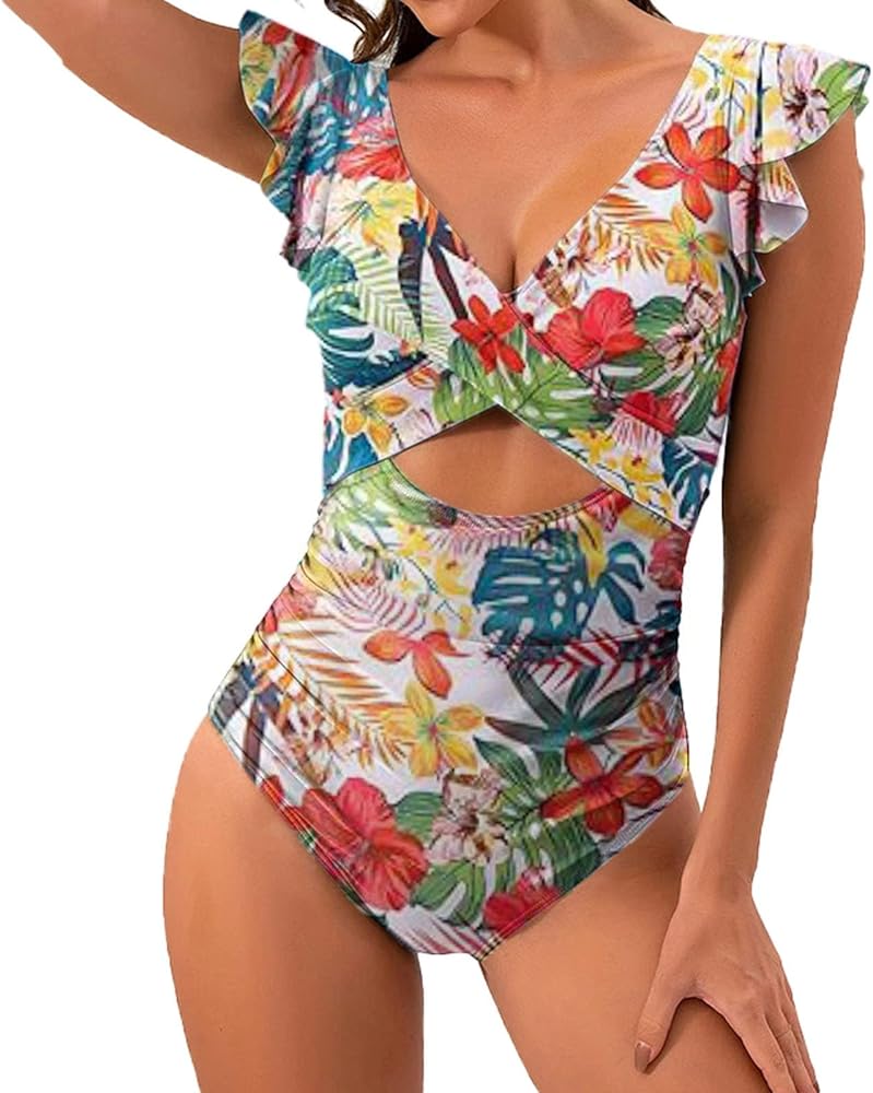 Women's One Piece Swimsuit Tummy Control Ruffle V Neck Swimwear Summer Beach Casual Fashion Hawaiian Bathing Suit