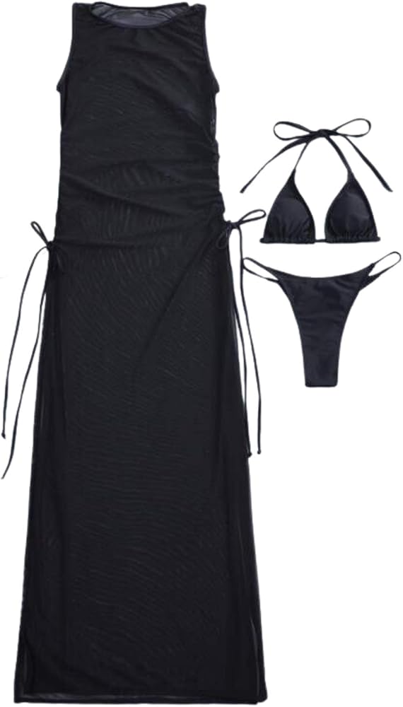 Women's Three Piece Black Bikini and Cover Up