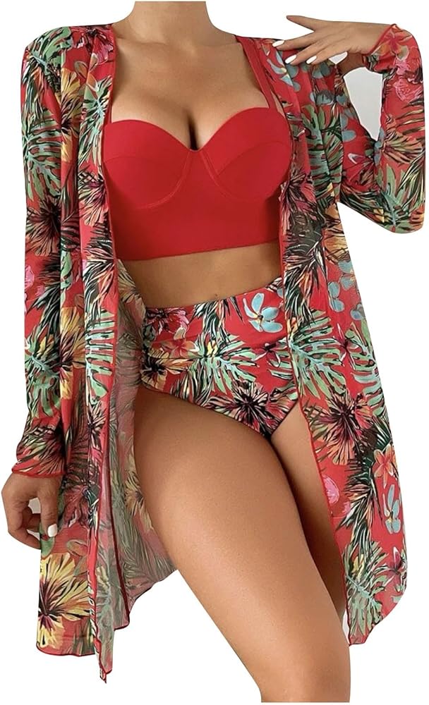 Women 3 Piece Swimsuits Padded Bikini Set with Cover Ups Tankini Set Vacation Swimwear Summer Beach Bathing Suit