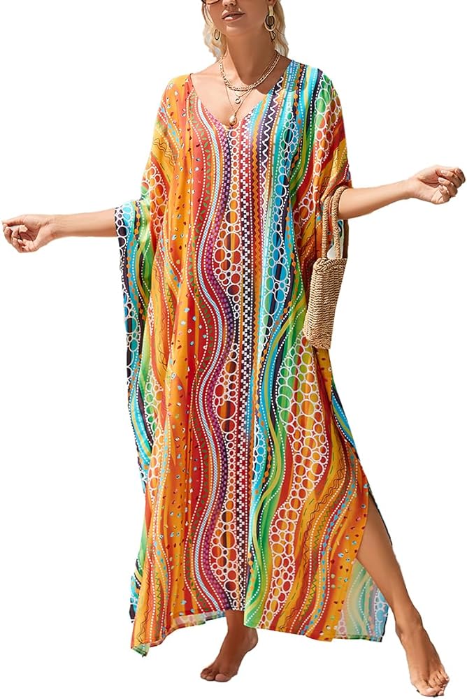 Kaftan Dresses for Women Plus Size Lightweight Swimsuit Cover up Batwing Sleeve Print Loungewear Beach Robe