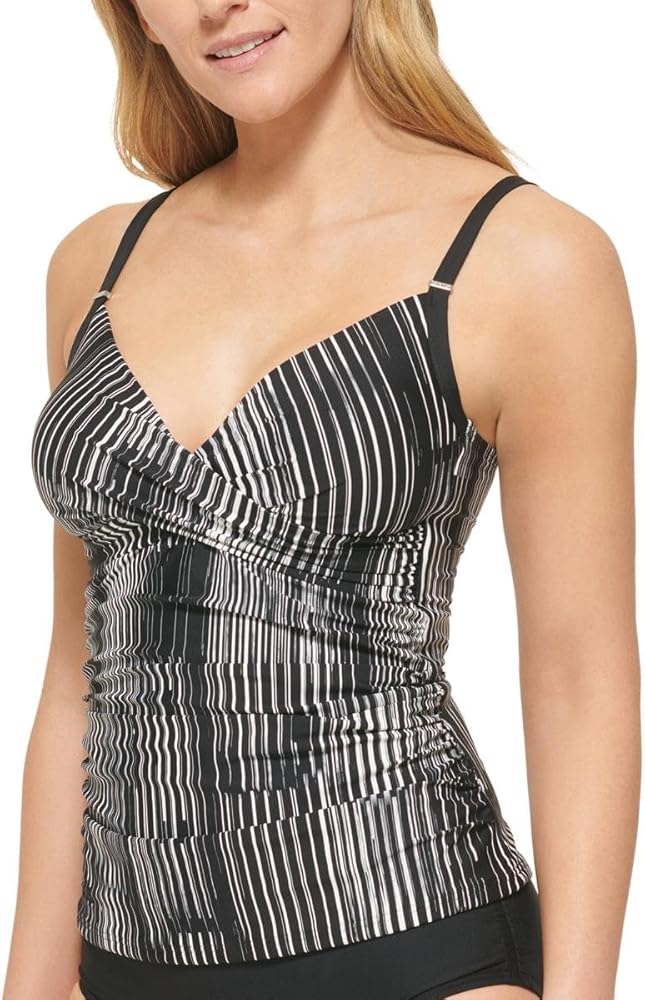 Calvin Klein Womens Striped Tummy Control Tankini Swim Top Black L