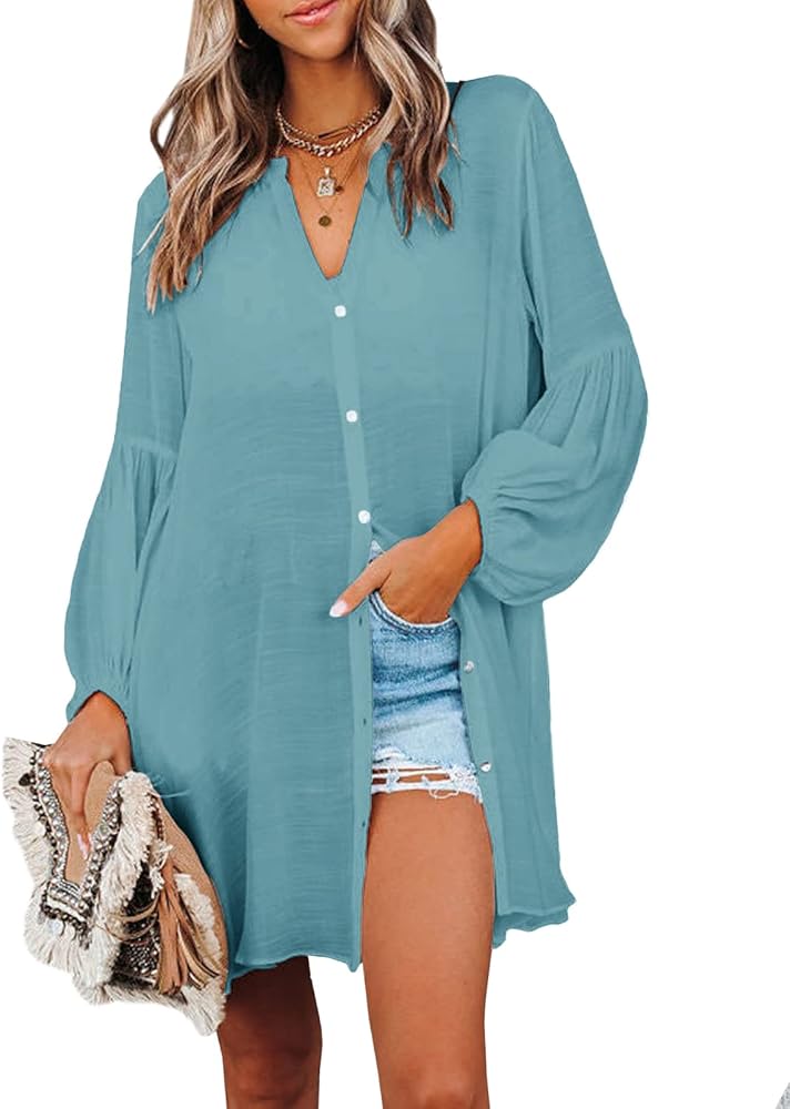 Womens Kimono Swimsuit Cover Ups Button Down Puff Sleeve Cardigan Beach Bathing Swimwear Coverups