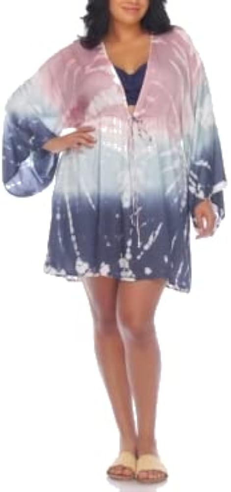 Plus Size Tie-Dye Caftan Swim Cover up Women's Swimsuit - Pink Blue Tie Dye 1X