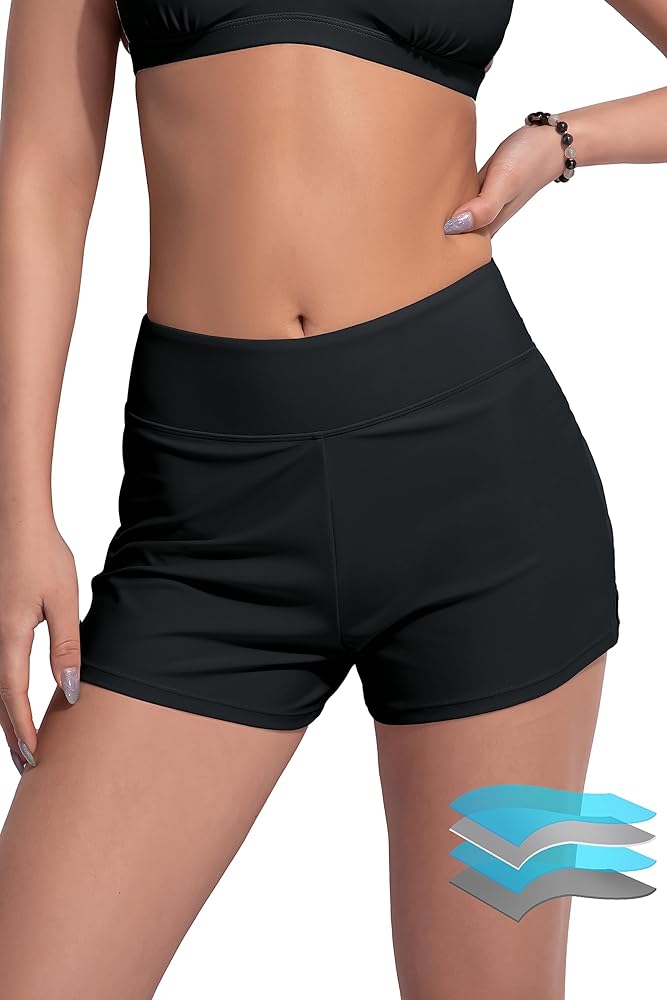 Beautikini Period Swimsuit Menstrual Leakproof Swim Shorts 3" Wide Waistband Bathing Suit Bottoms with Liner for Teens Black,XS