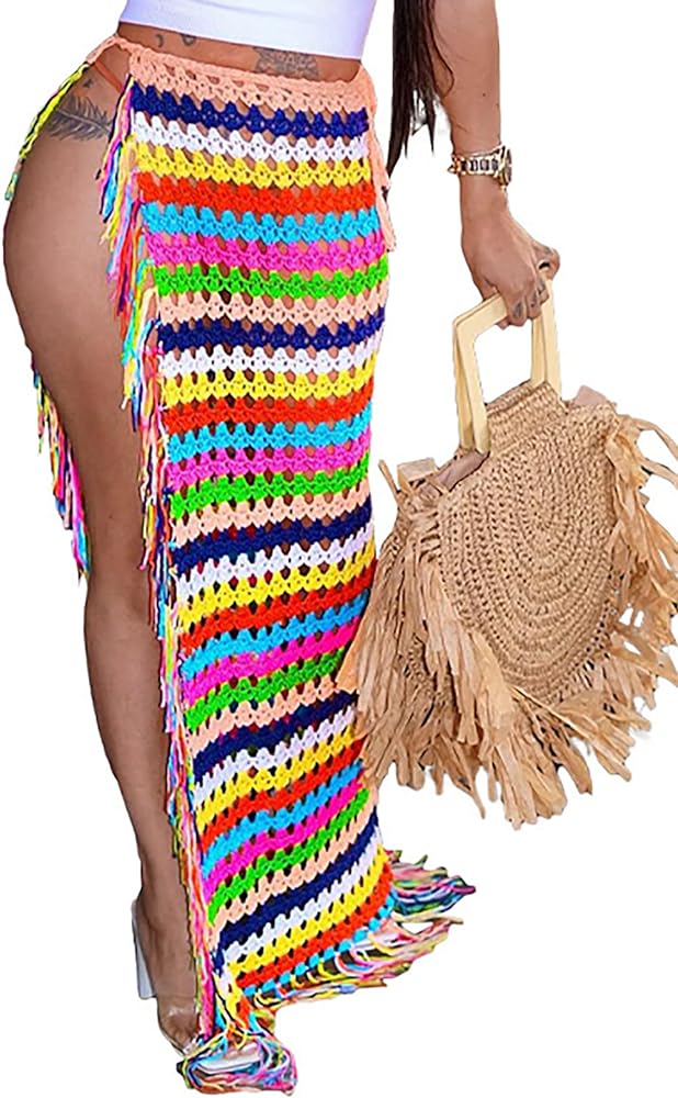 Tcremisa Women's Crochet Cover Up Skirts High Waist Split Knit Tie Up Mesh Beach Cover Up Swimwear