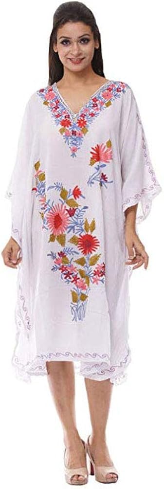 Kashmiri Embroidered Long Kaftan Maxi Dress Beach Cover up for Women (DB075JJP947)