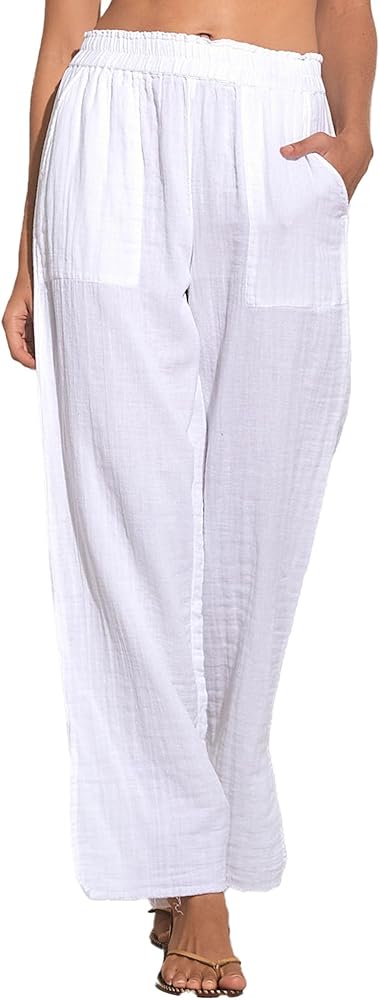 ELAN Linen Woven Cover-Up Pants M, White