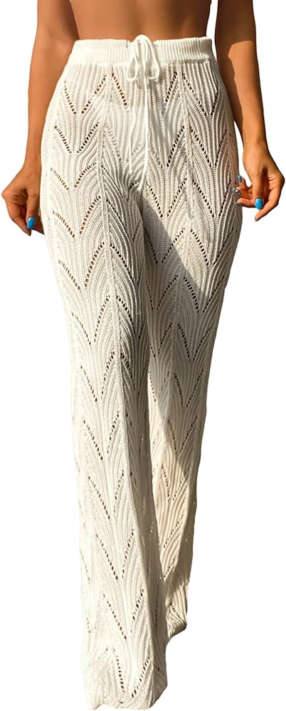 OYOANGLE Women's Crochet Hollow Out Drawstring Waist Flared Leg Swimwear Cover Up Beach Long Pants