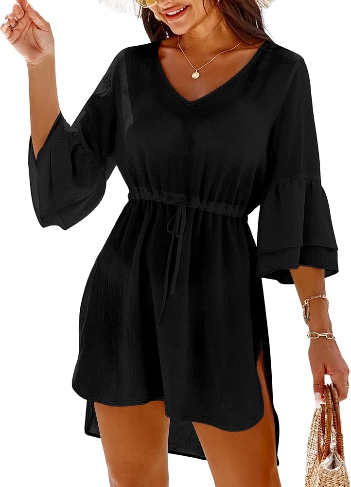 Blooming Jelly Women Bathing Suit Cover Ups V Neck Swimsuit Coverups Bell Sleeve Swimwear Cover up Summer Beach Dress(M, Black44)