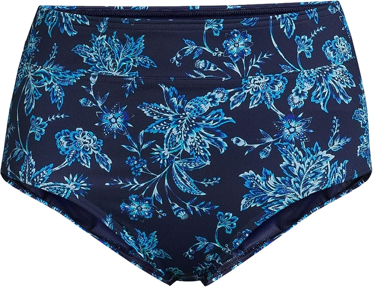 Lands' End Womens Chlorine Resistant High Waisted Bikini Bottoms Control Deep Sea Navy Jacobean Regular 10