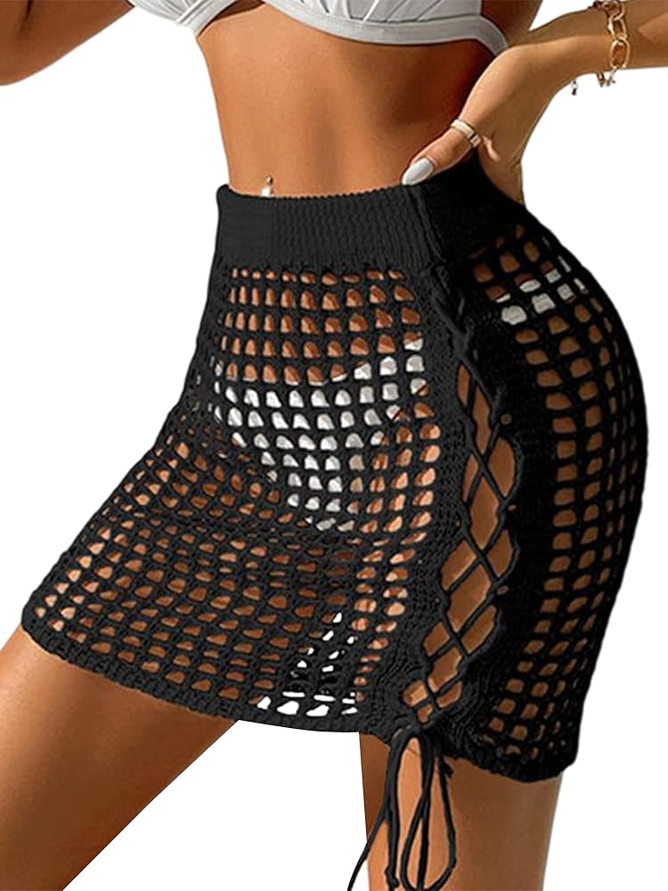 ZAFUL Women's Crochet Hollow Out Swimsuits Cover Up Beach Mini Skirt Elastic Waist Drawstring Knit Bikini Short Skirt