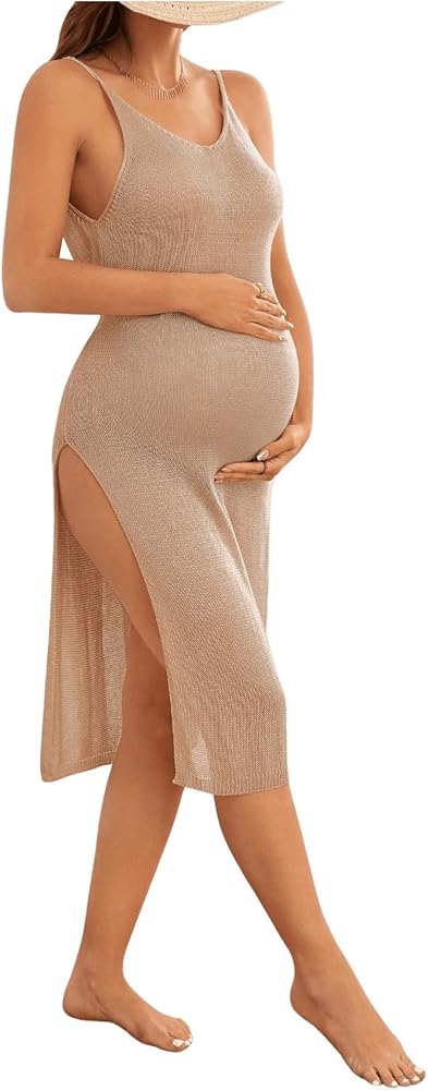 MakeMeChic Women's Maternity Bikini Cover Up Casual High Split Spaghetti Strap Sleeveless Beach Midi Dress