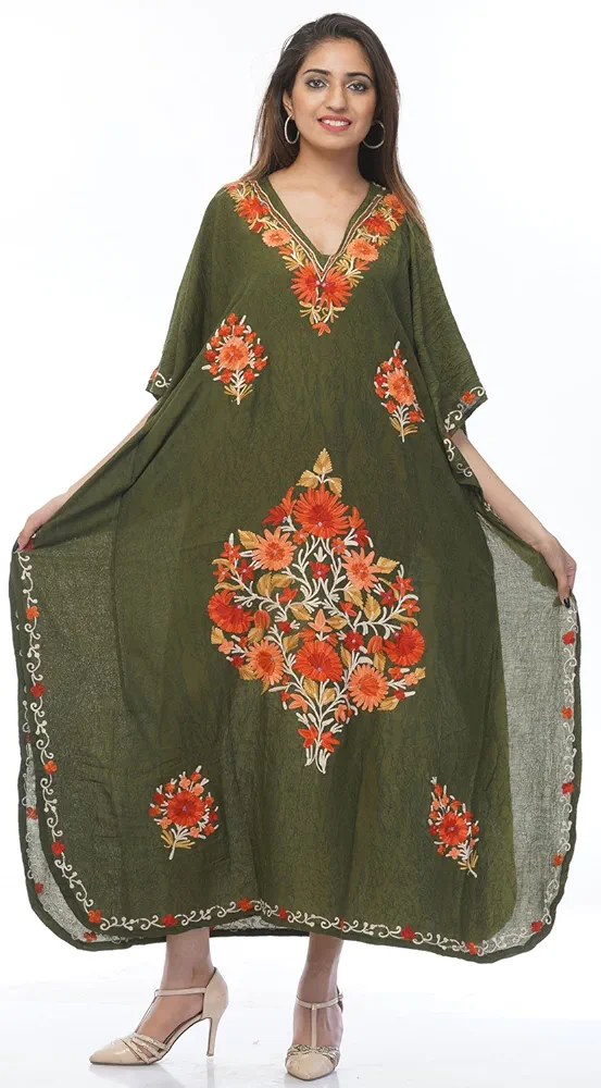 Cotton Kaftan Kashmiri Embroidered Maxi Long Dress for Women (color-2085)