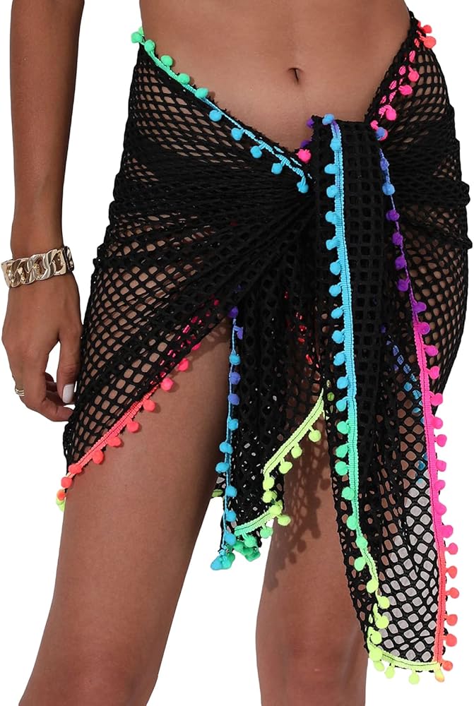 Women's Fishnet Beach Cover Ups Colorful Fringe Hollow Crochet Knit Pompom Tassel Skirt Sarong Beach Wrap Pareo