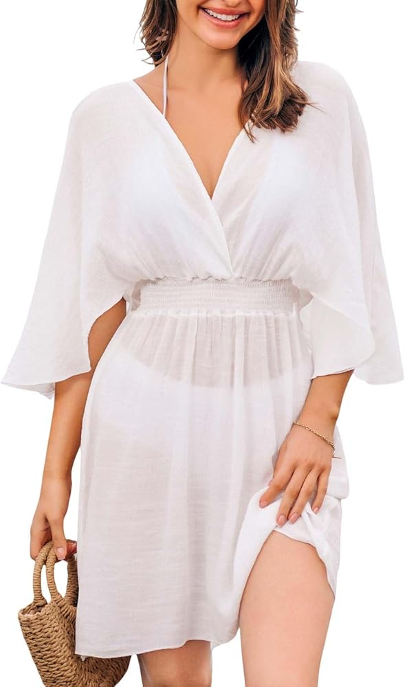 CUPSHE Women's Swimsuit Cover Up Surplice V Neck Split Dolman Sleeves Smocked Beach Coverups