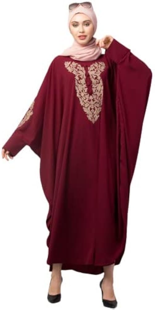 NAZNEEN Naznee Neck and Sleeve Embroidery with Cuff Free Size Kaftan Maroon