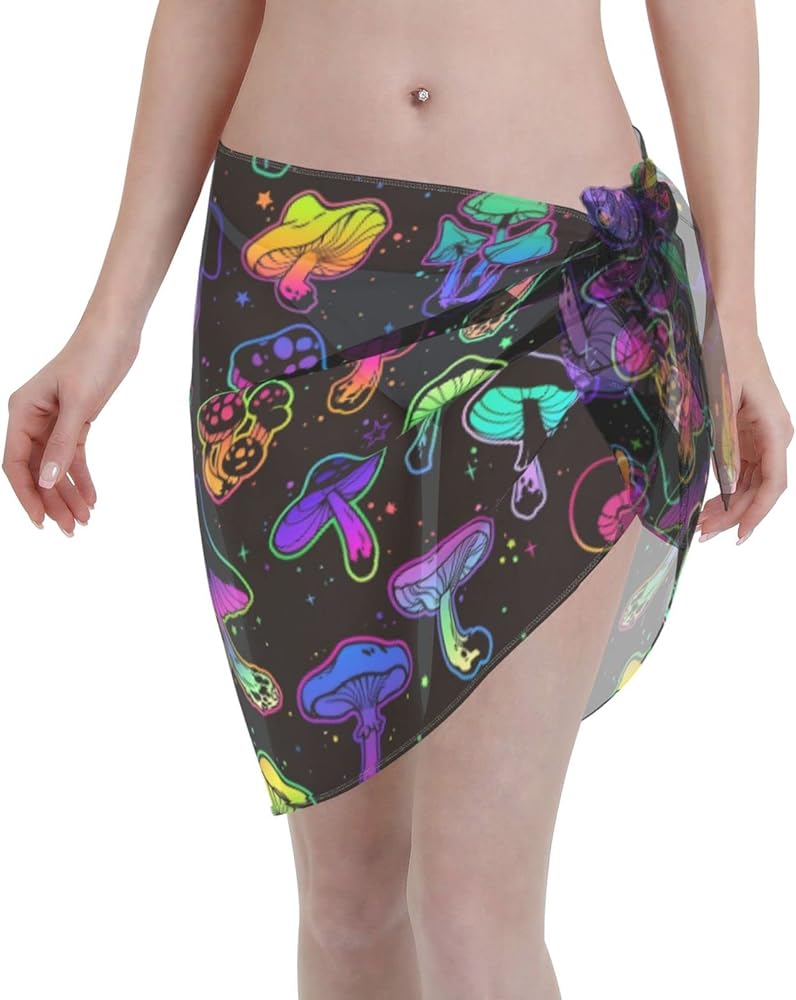 Bright Psychedelic Mushrooms Women Short Sarongs Beach Wrap Sheer Bikini Wraps Skirt Chiffon Cover Ups for Swimwear Black