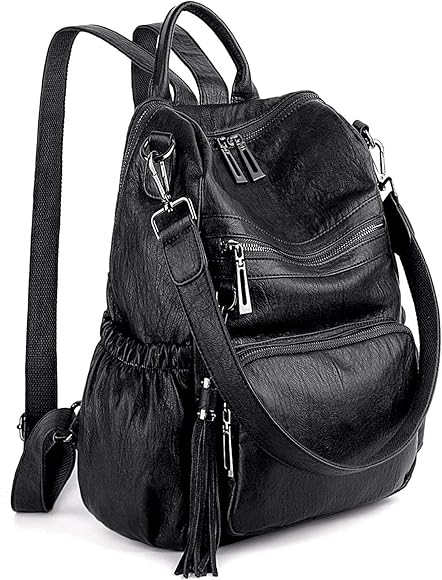 UTO - Bolso Mochila de Mujer Cuero Sintético Bolso de Hombro Bolso Escolar con Bolsillos Laterales con Borlas