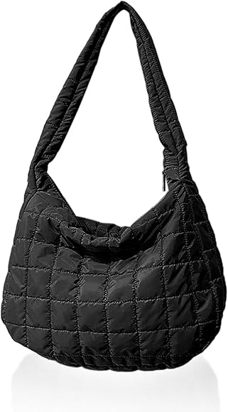 NyxSeat 1 bolso acolchado para mujer, diseño a cuadros, bolso de hombro esponjoso de gran capacidad, ligero y casual para la escuela, el trabajo y las compras (negro), Negro