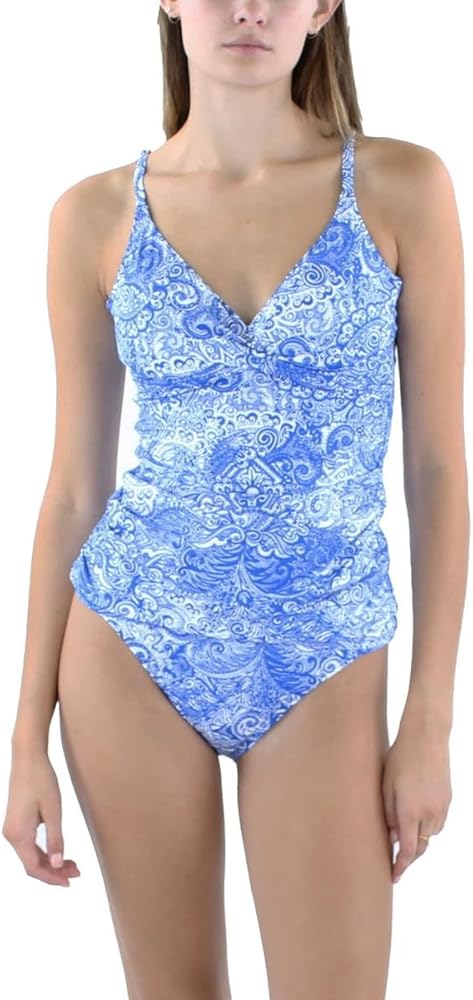 Lauren Ralph Lauren Womens Printed Underwire Tankini Swim Top Blue 10