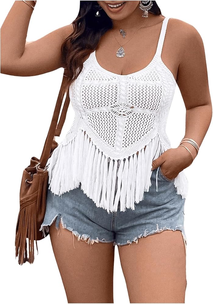 MakeMeChic Women's Plus Size Sleeveless Fringe Hem Tank Top Crochet Hollow Out Swimsuit Cover Up Tops