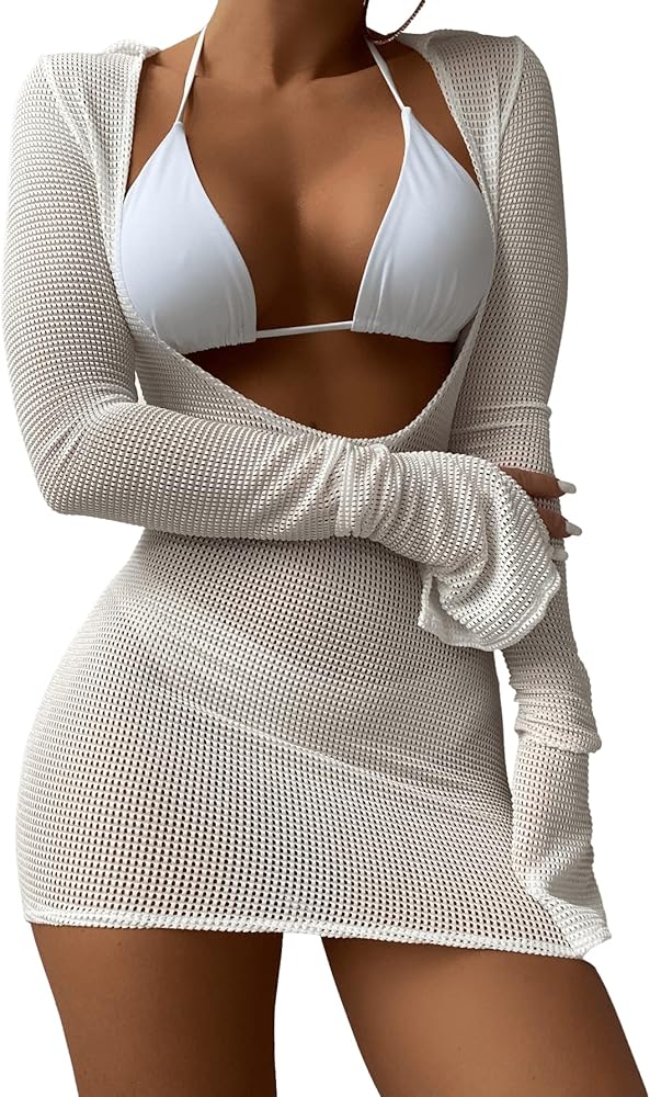 MakeMeChic Women's Crochet Cover Up Dress Long Sleeve Knitted Sheer Swimwear Beach Cover Up Dress